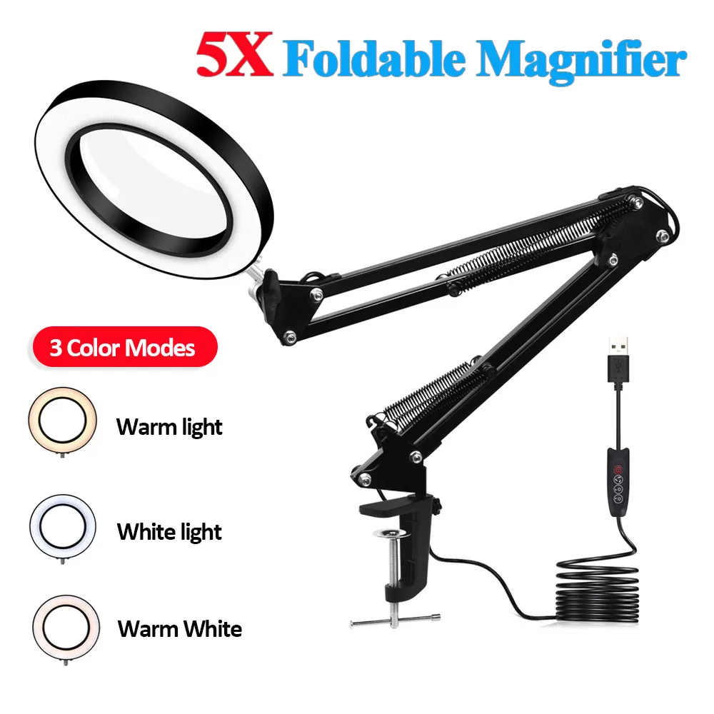 

5X Foldable Illuminated Magnifier USB 3 Colors LED Magnifying Glass for Soldering Iron Repair/Table Lamp/Skincare Beauty Tool