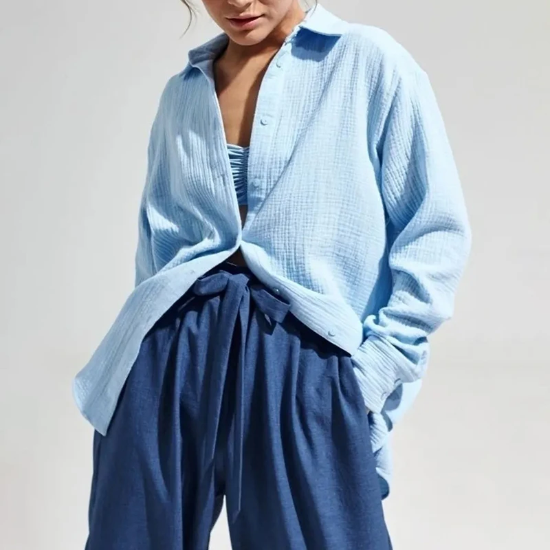 

Женская хлопковая рубашка с длинным рукавом, свободная однотонная офисная блузка из крепа, весна-осень 2024