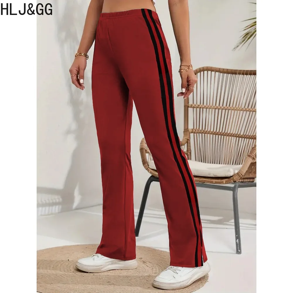 HLJ&GG Fashion Stripe Printing Side Slit Pants Women High Waisted Straight Trousers Autumn Casual Solid Party Matching Bottoms