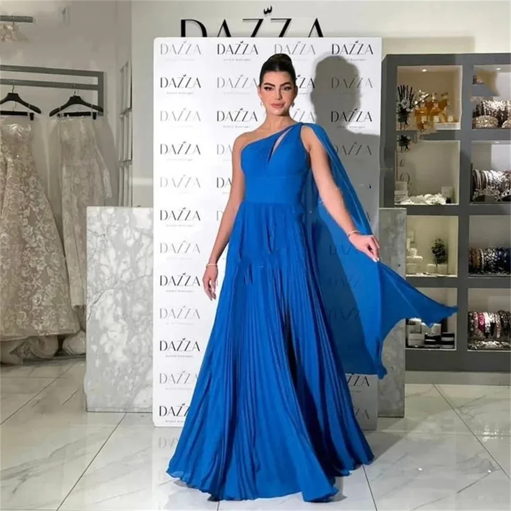 

Chic One Shoulder Royal Blue Prom Dresses 2024 A Line Arabic Chiffon Split Floor Length Pleat Evening Gowns For Women فساتين الس