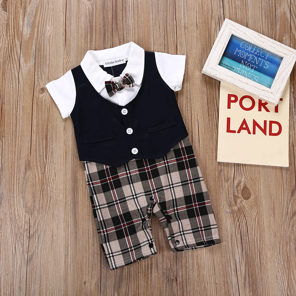 Newborn Baby Boy Outfit Set - Bear Embroidery Romper With Bowtie & Hat, Gentleman Wedding Photo Clothes, Formal Wear