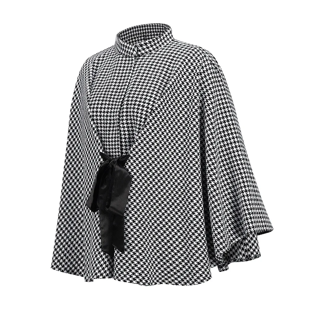 Coat Fashion Hounds tooth Print Half-high Collar Lace Up Bat Wing Elegant Women's Clothing.  One -Size - view