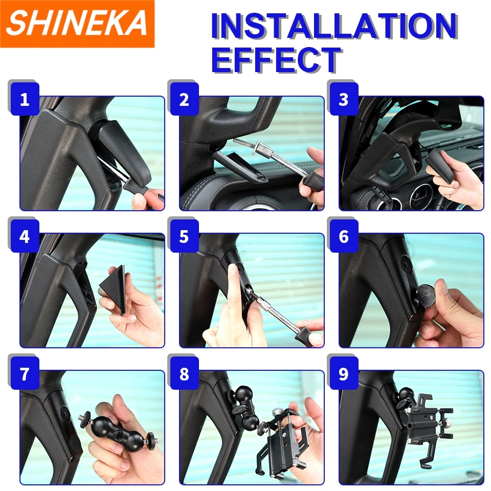 Phone Holder SHINEKA Car A-Pillar Adjustable Anti-shake Stable Phone Braket Accessories for Jeep Gladiator JT for Jeep Wrangler JL JLU + mobile phone holder