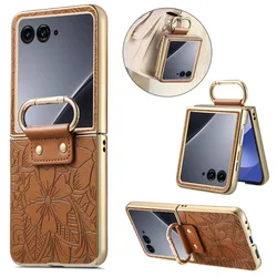 Elegant Embossed Flower PU Leather Phone Case with Ring Buckle - Shockproof & Protective Cover for Motorola Razr 60 (Brown)