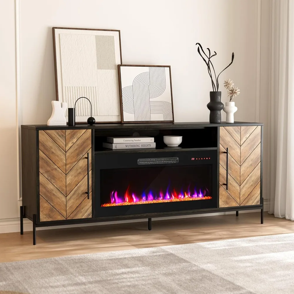Tv Stand, 68" TV Stand with 36" Electric Fireplace Heater, Entertainment Center with Storage Cabinet, Console Table for TVs 2