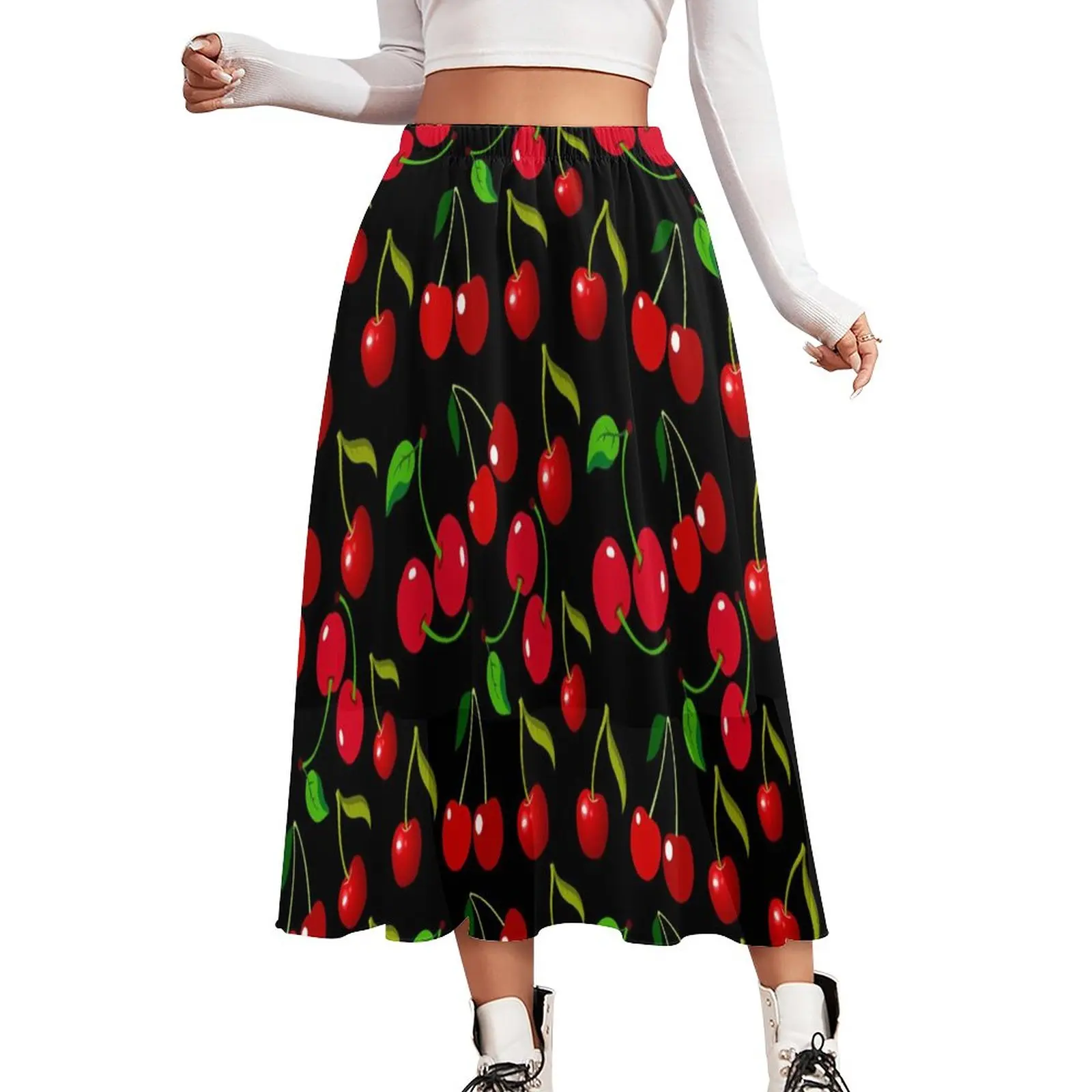 

Red Cherries Print Skirt Female Green Leaves Vintage Boho Skirts Custom High Waist Y2K Casual Skirt Large Size