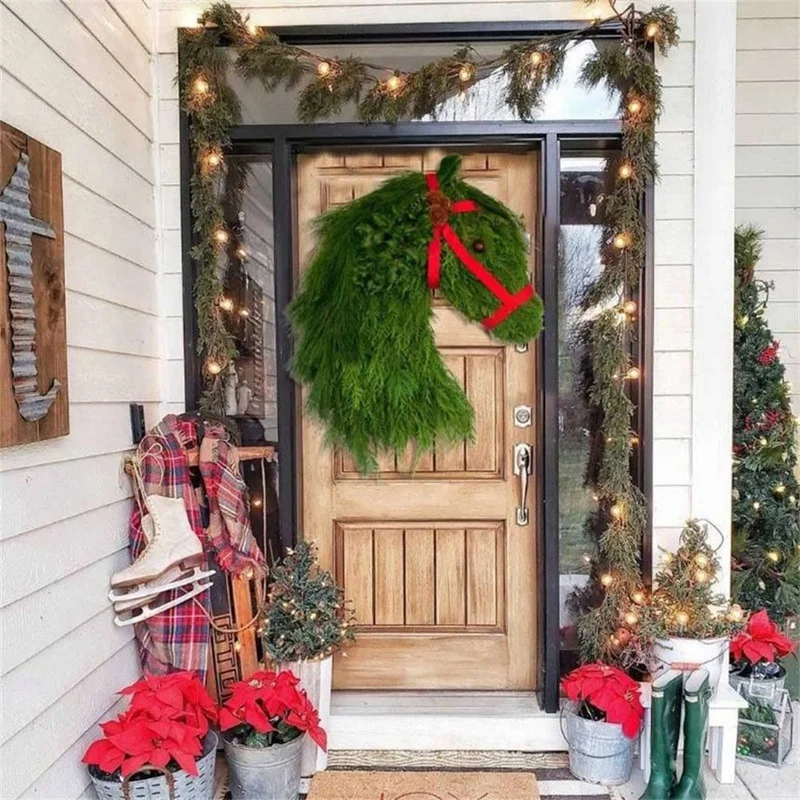 

2PCS Horse Head Wreath, Christmas Wreath Artificial Green Plants,For Front Door, Window, Partyxmas Decor Front Door Easy To Use