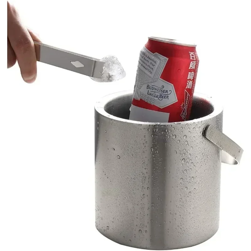 Stainless Steel Ice Bucket with Lid Strainer Tong Double Walled Insulated Ice Bucket Container Cooler Good Sealing 2.0L/3.0L