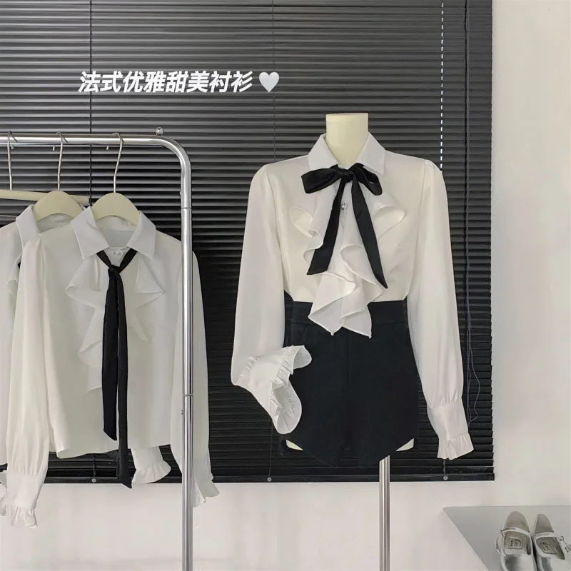 

Cute Vintage Bow Chic Long Sleeve Tops Korean Fashion For Women Casual Folds Shirt Korean Clothes Blouses 2023 Blusas