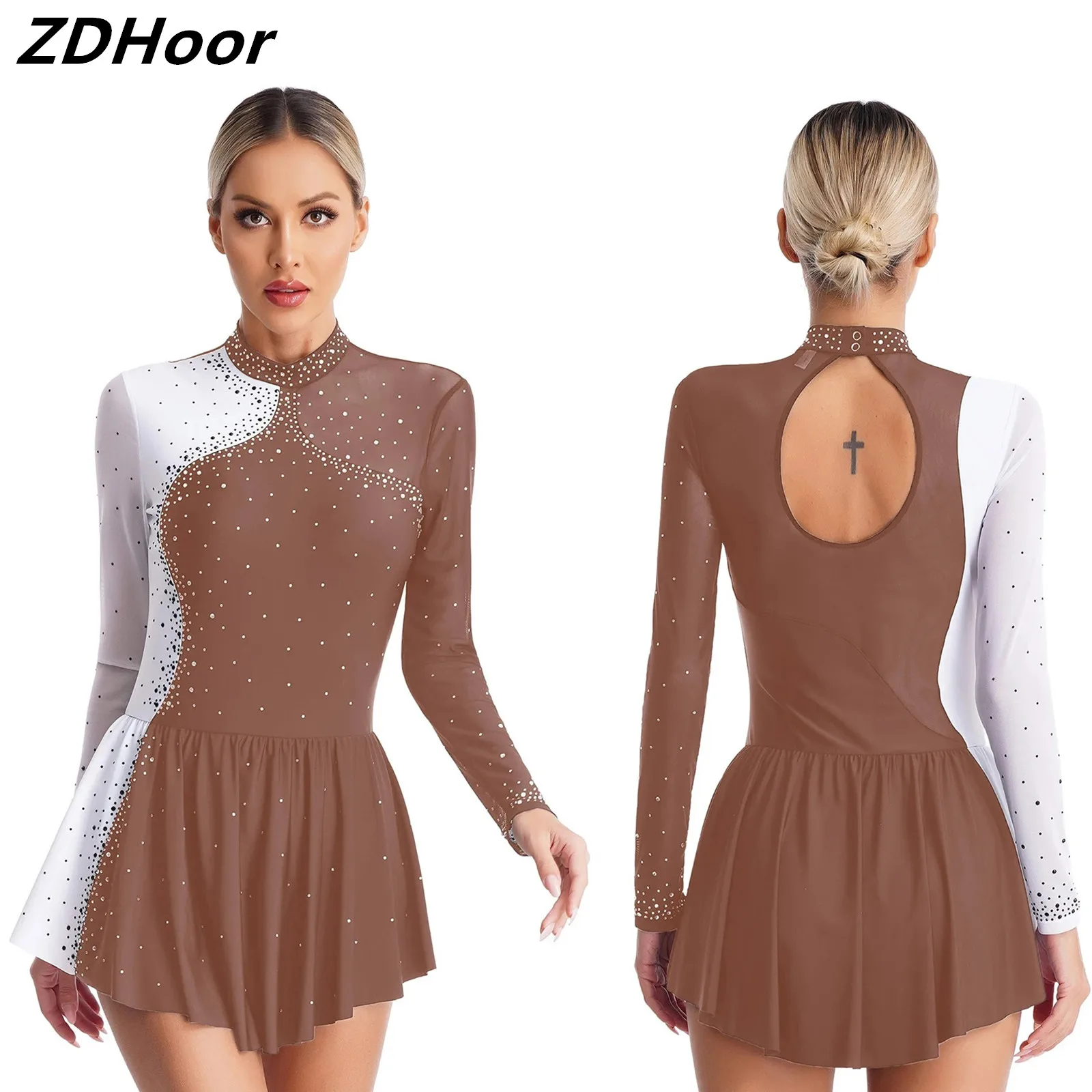 

Womens Figure Skating Dance Dress Sparkly Rhinestone Contrast Color Sheer Mesh Patchwork Long Sleeve Mock Neck Dresses