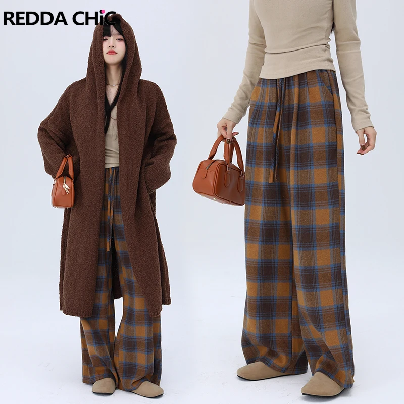 

REDDACHiC уютное пальто Тедди спортивные брюки для женщин комплект из 2 предметов оверсайз с капюшоном вязаный кардиган Ретро клетчатые широкие брюки теплая зимняя одежда