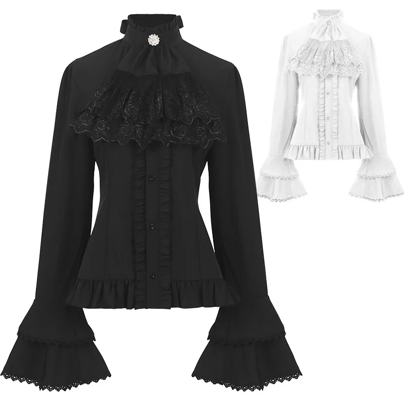 

Victorian Gothic Lolita Blouses Women Sweet Elegant Lace Ruffles Turtleneck Slim Shirts Japanese Spring Autumn Long Sleeve Top