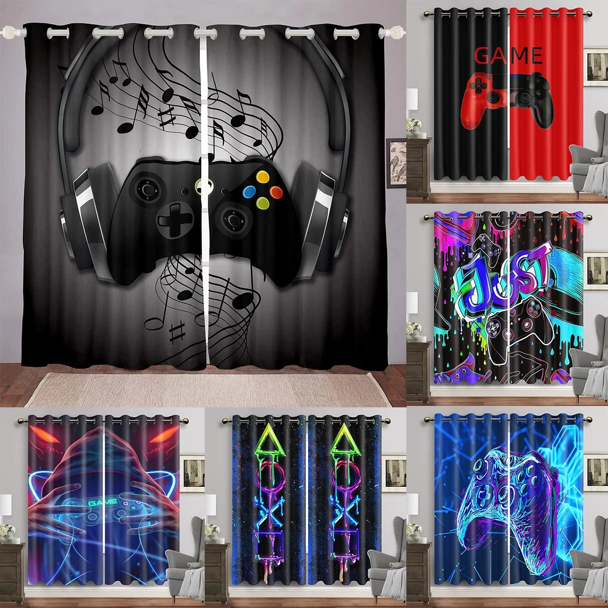 Cortinas para Meninos Quarto, Gaming Room Decor, Video Game, Gamer, Jogar, Frete Grátis, 2 Pcs