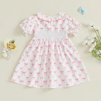 Adorable Infant Girl Floral Print Sleeveless Ruffle Trim Round Neck A-line Dress Summer Outfit with Bow Detail 3