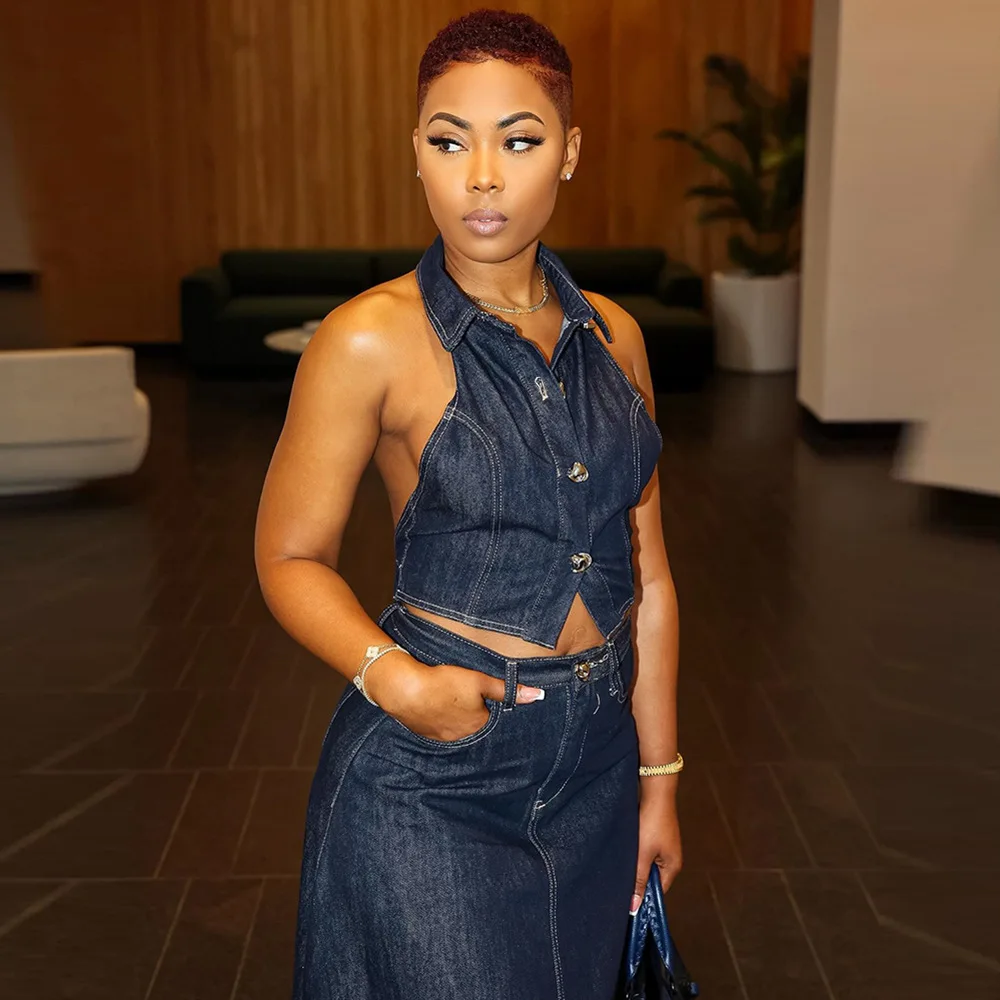 Women's Sexy Backless Matching Set Sleeveless Denim Button Turn Down Collar A-Line High Waist Skirt Summer Two Piece Set 2024