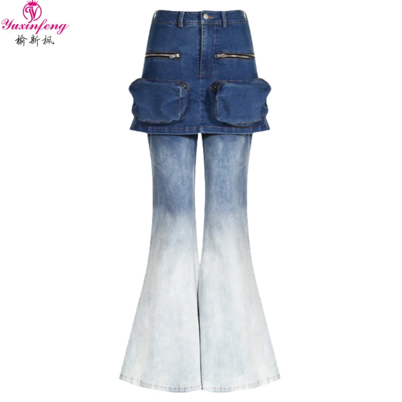 Traf 2023 Women's Jeans Pants Autumn Korean Woman Clothes Design Zippers Pocket Patchwork Fake Two Pieces Flare Denim Pants