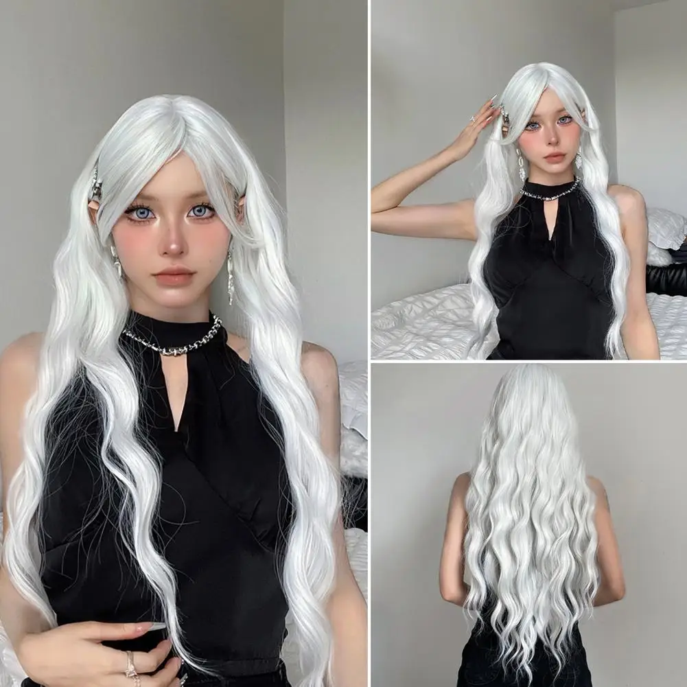 Long Water Wave Wig with Bangs White Colorful Cosplay Silky Wig for Women Daily Party Natural Soft Synthetic Hair Heat Resistant