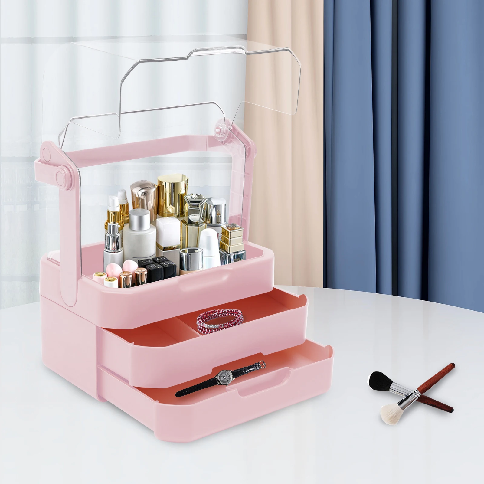 

Makeup Organizer Storage Box for Skincare and Jewelry on Countertop With Cover
