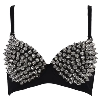 Silver Rivets Punk Rave Bralette Lingerie Gothic Bra Top Sexy Push Up Brassiere Nightclub Party Bar Fashion Hot Bras for Women 1