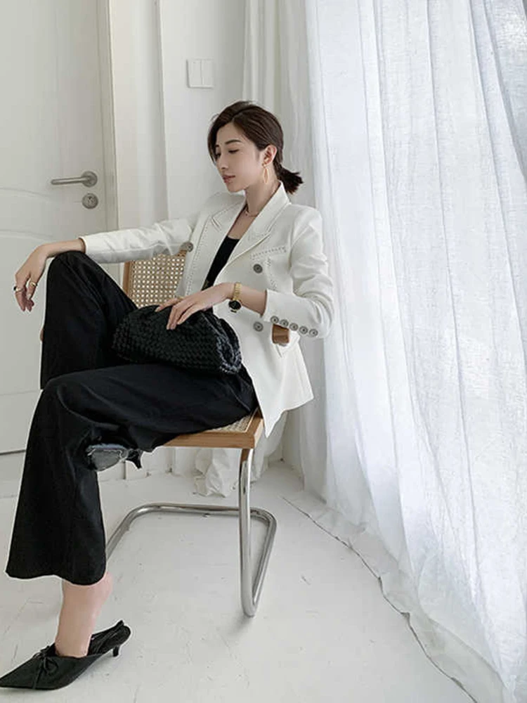 [EAM]  Women White Line Split Irregular Blazer New Lapel Long Sleeve Loose Fit  Jacket Fashion Tide Spring Autumn 2022 1Z409 dressy pant suits