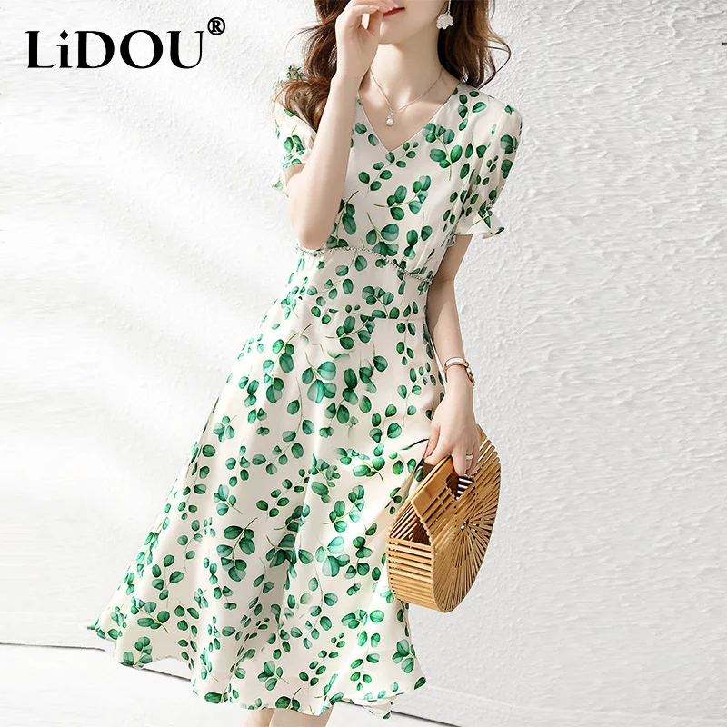

2023 Summer Elegant Fashion Printing Short Sleeve Chiffon Dress Ladies Temperament Vestidos De Fiesta Women's Waist Casual Robe