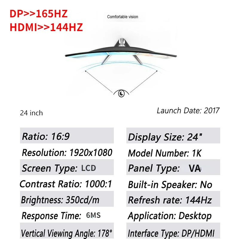 ASUSHOM 24 Inch 144HZ/165HZ Monitor Display Curved Screen Computer Monitor PC 1K HD Gaming HDMI 24 Flat Panel Portable Monitor