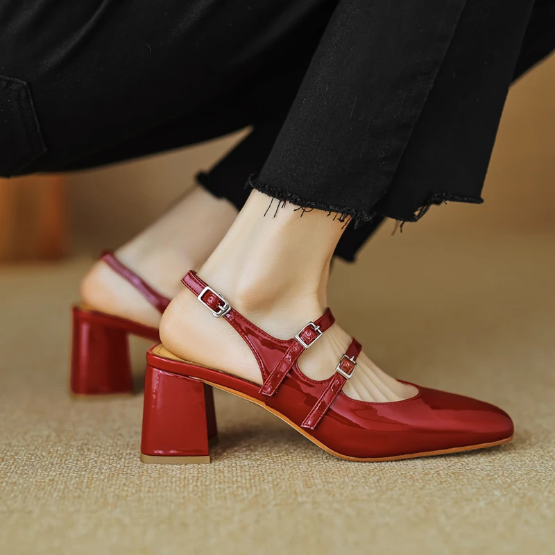Small Size 33 34 Spring Summer Classics Covered Toe Mary Janes Pumps Womens Split Leather Double Buckle Strap Slingbacks Sandals