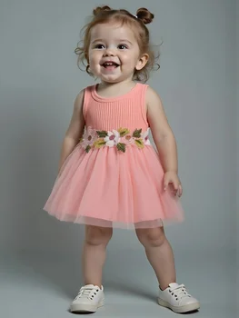 Soft Pink Knit Sleeveless Dress - 3D Flower Accent Tulle Skirt Girls Sweet Princess Outfit 1