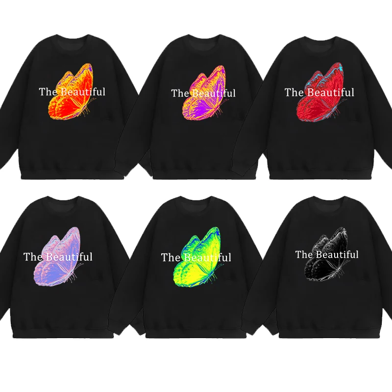 

Футболка в стиле Харадзюку с круглым вырезом, рубашка с длинным рукавом, пуловер в готическом стиле с надписью и бабочкой, большие размеры, одежда для мужчин и женщин