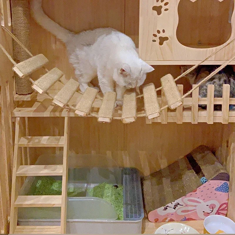 Wall-Mounted Cat Activity Center - Wooden Sisal Scratcher & Climbing Bridge with Rope Steps and Ladder