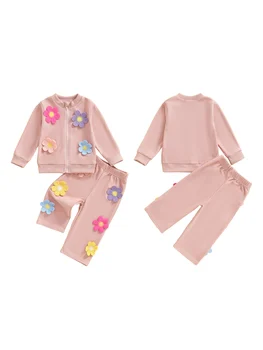 Toddler Girl Winter Outfits 3D Flower Hooded Coat Elastic Waist Leggings 2 Pcs Set for Cold Weather Style 2