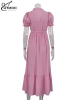 Oymimi Elegant White Cotton Womens Dresses Fashion Short Sleeve V-Neck Lace-Up Dresses Summer Loose Ankle-Length Dress Female - Image 6