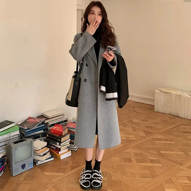 High-grade Grey Double-Sided Cashmere Wool Coat For Women 2023 Korean Version Spring and Autumn New Lace-up Woolen Female Coat