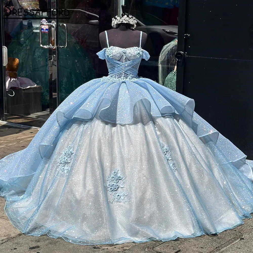 

Sky Blue Sweetheart Ball Gown Quinceanera Dresses For Girls Beaded Birthday Party Gowns Lace Up Back Graduation 3D Flowers