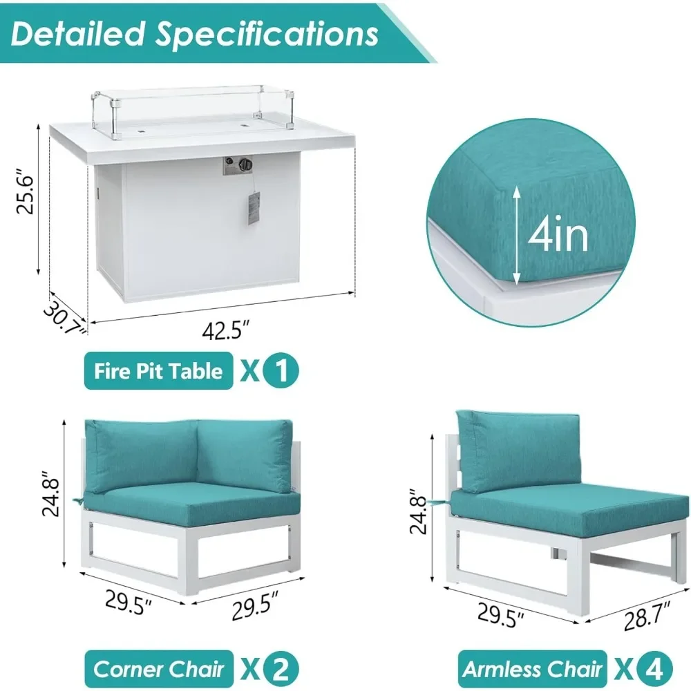 Aluminum terrace furniture with fire pit dialogue set, equipped with 29 inch deep seats (sky blue with white aluminum) 4