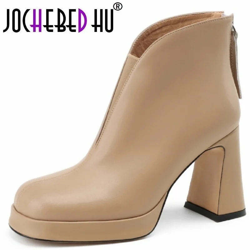 

【JOCHEBED HU】Women Genuine Leather Ankle Boots Square Toe Chunky High Heel Platform Zipper Short Ladies Shoe Autumn Winter 34-40