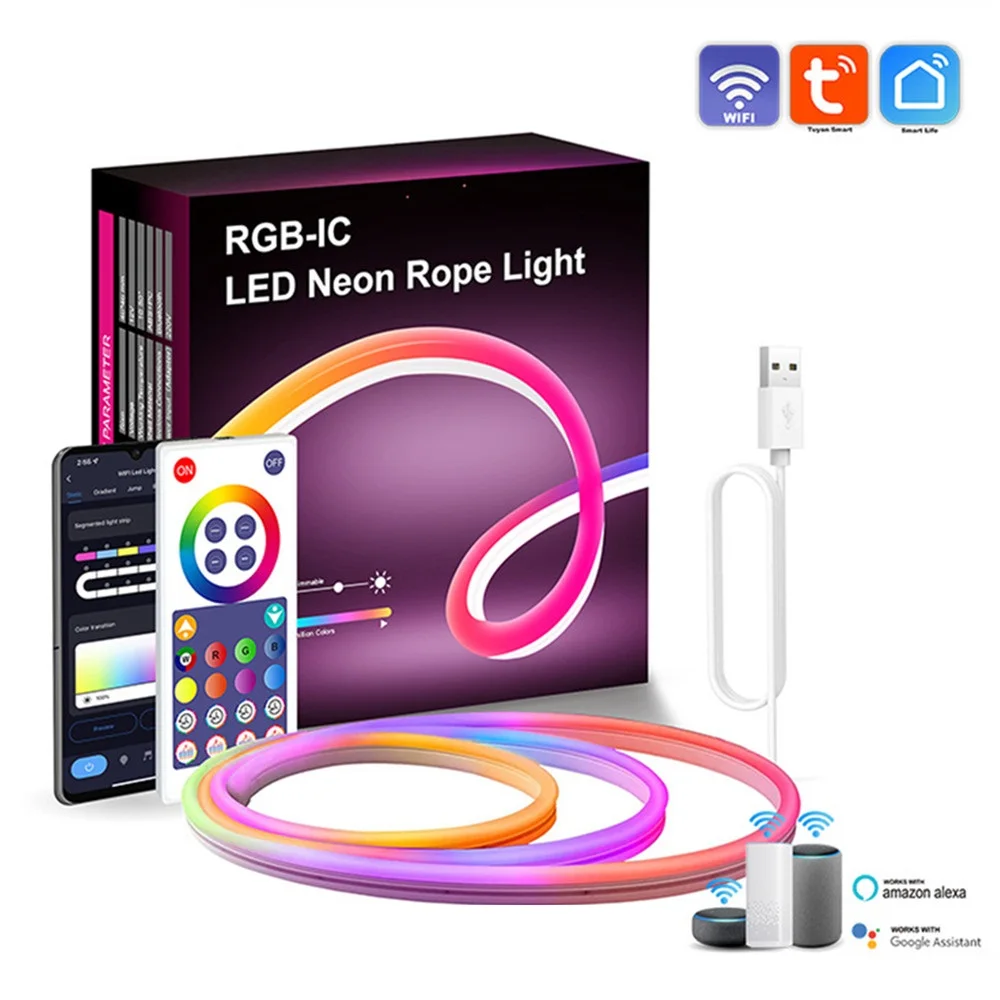 

Умная неоновая полоса с регулируемой яркостью RGB, водонепроницаемая гибкая веревочная лента с Wi-Fi RGBIC для домашнего декора, работы с Alexa