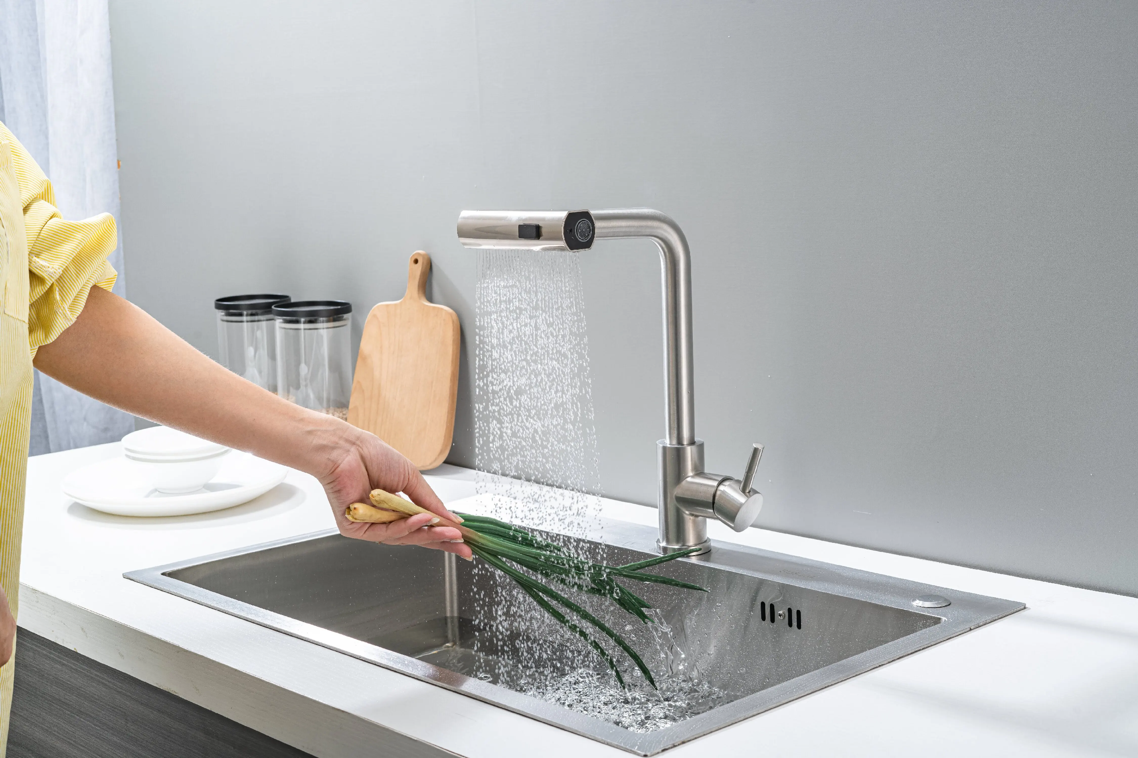 304 Stainless Steel Pull-out Kitchen Faucet Waterfall Hot And Cold Mixed Water Sink Tap Multi-function Rinse Rotate