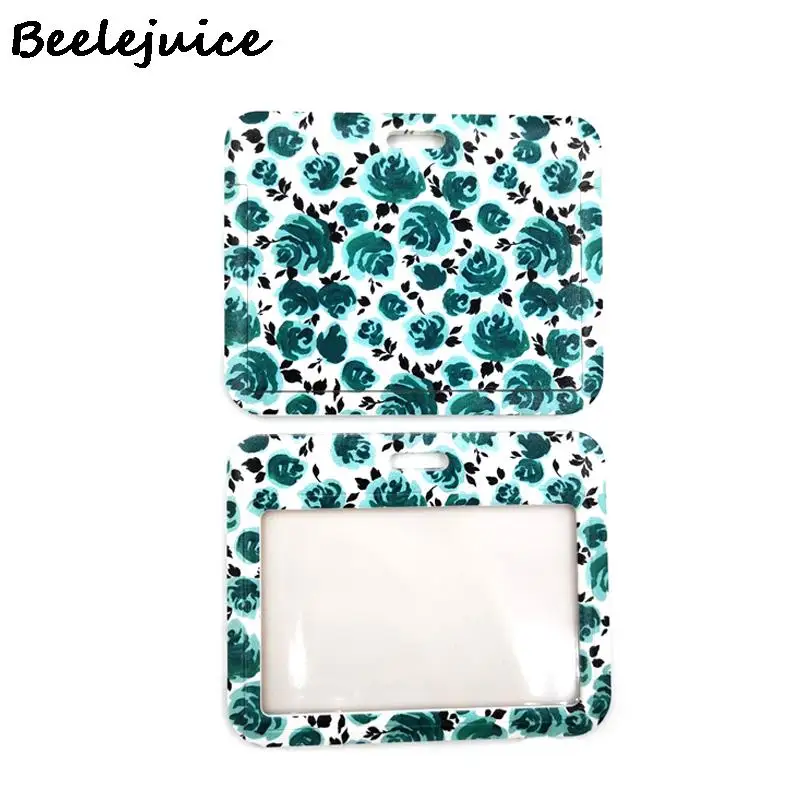 Elegant Blue Floral Badge Holder with Lanyard and Card Case
