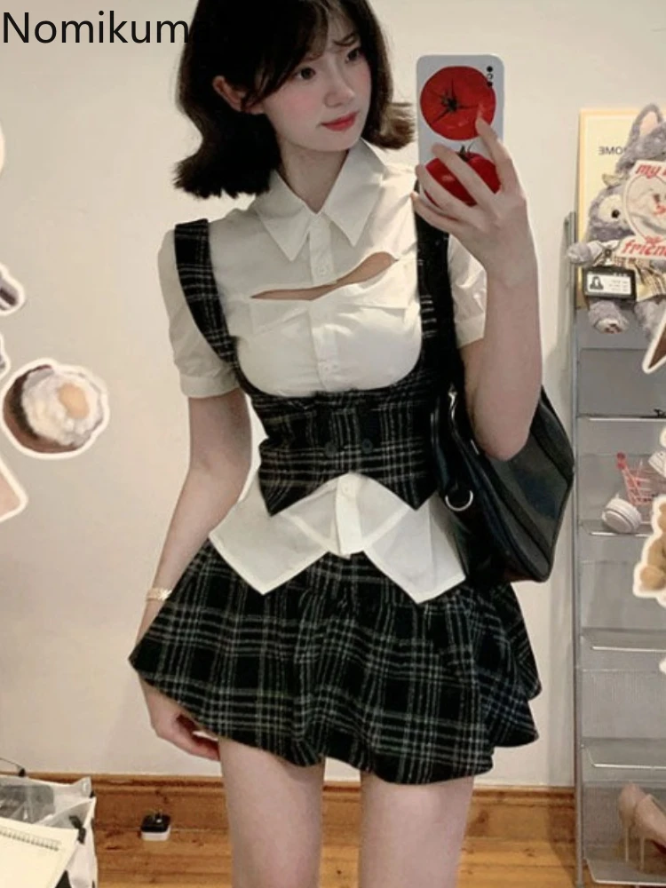 여성 의류 3 종 세트, 프레피 스타일 할로우 아웃 화이트 셔츠 튜닉 조끼, 하이..