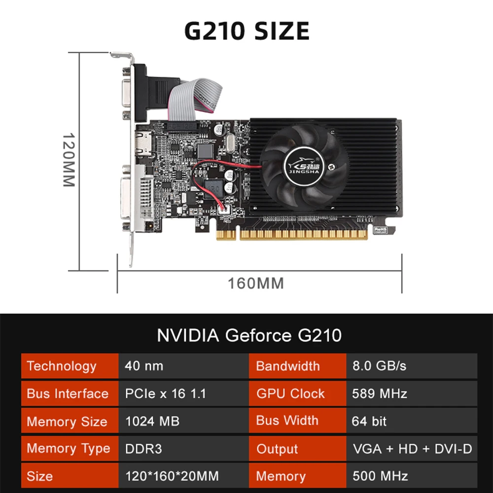 Placas Gráficas Gt210 para Nvidia Geforce 1gb 64 Bits Gddr3 Pci-e Pcie 2.0 X16 Vga Dvi Placa de Vídeo para pc Gpu gt 210 64 Bits - Imagem 2