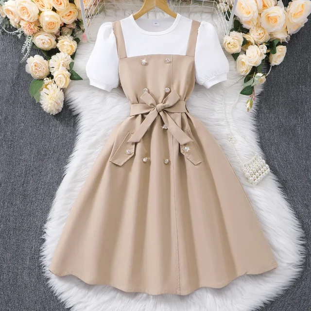Robe d'été pour filles de 8 à 12 ans, kaki et blanc, manches courtes, robes simples à la mode, vêtements pour adolescentes, tenue de fête pour grands enfants 1