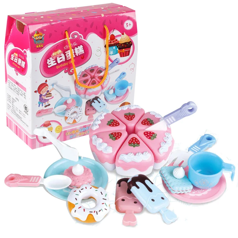 Kids Simulation Food Kitchen Toy DIY Pretend Play Set Cutting Birthday Cake Fries Pizza Game Educational Toy for Girls Gift