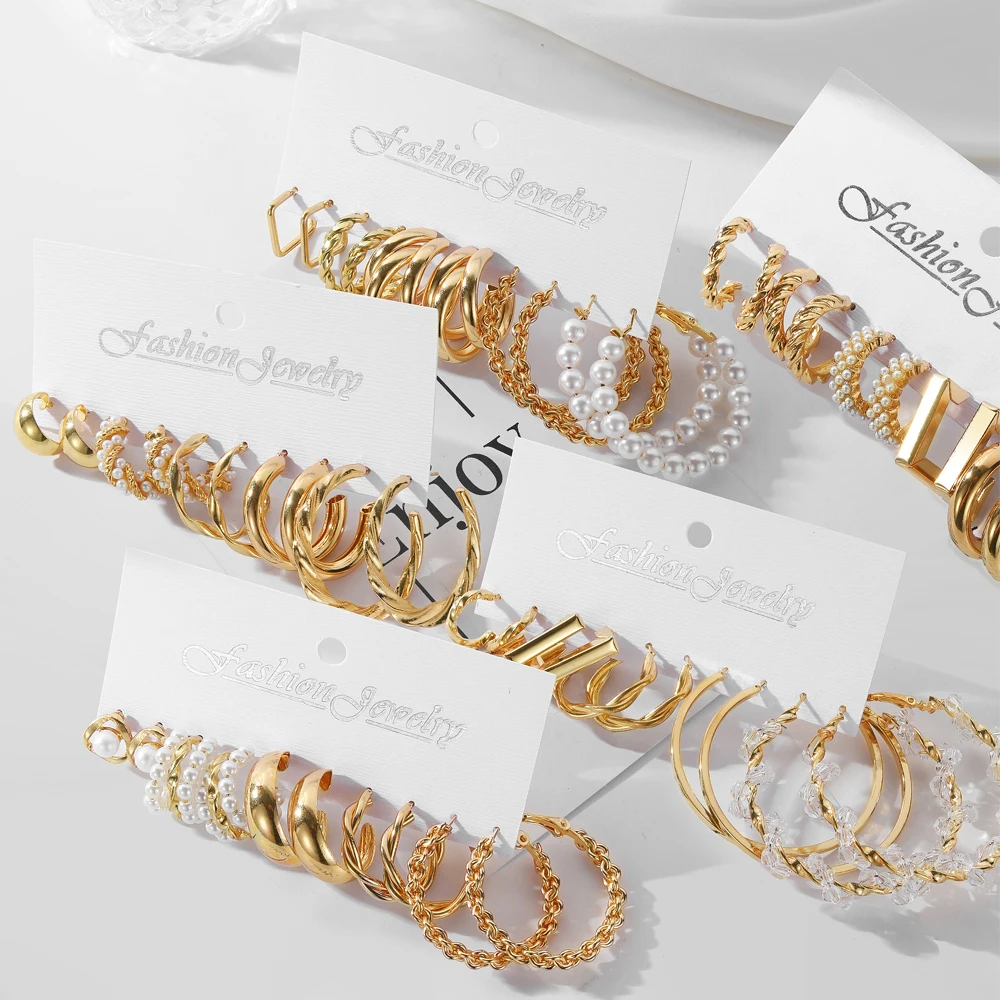 

IFME 6 Pair Vintage Gold Plated Silver Color Metal Chain Hoop Earrings Set For Women Fashion Pearl Circle Earrings Trend Jewelry