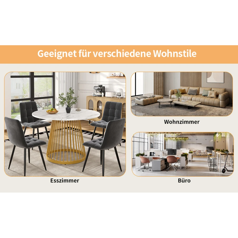 Modernes Esstisch-Set (5-teilig), mit 4 Stühlen, Küchentisch-Set, runder Küchentisch mit 80 cm Durchmesser, goldene Metallbeine – Detail 12