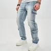 Stylish Multiple pockets Men Loose Cargo Jeans Trousers Motorcycle Male Solid Carpenter Casual Straight Denim Pants