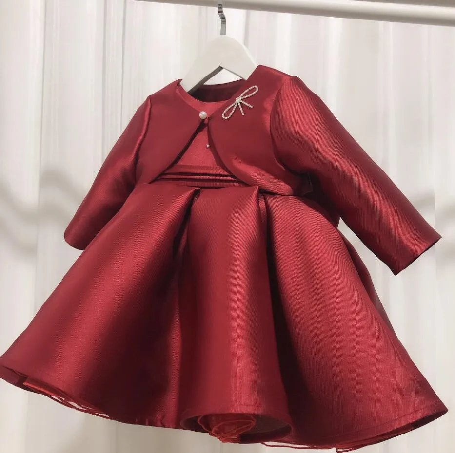 

Burgundy Children Party Formal Dress For Wedding Birthday Kids Ceremonies Dresses For Girls Tutu Flower Girls Dress with Jacket