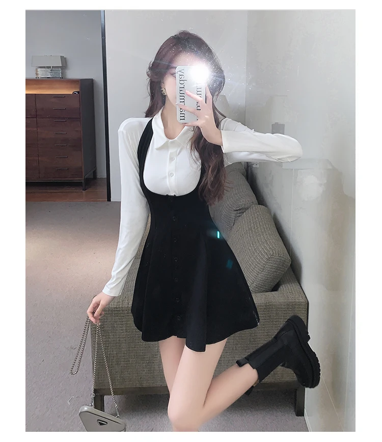 Autumn New Two-piece Skirt Sets Women Long Sleeve White Blouse High Waist Halter Mini Dress Korean Fashion Y2K Harajuku Outfits