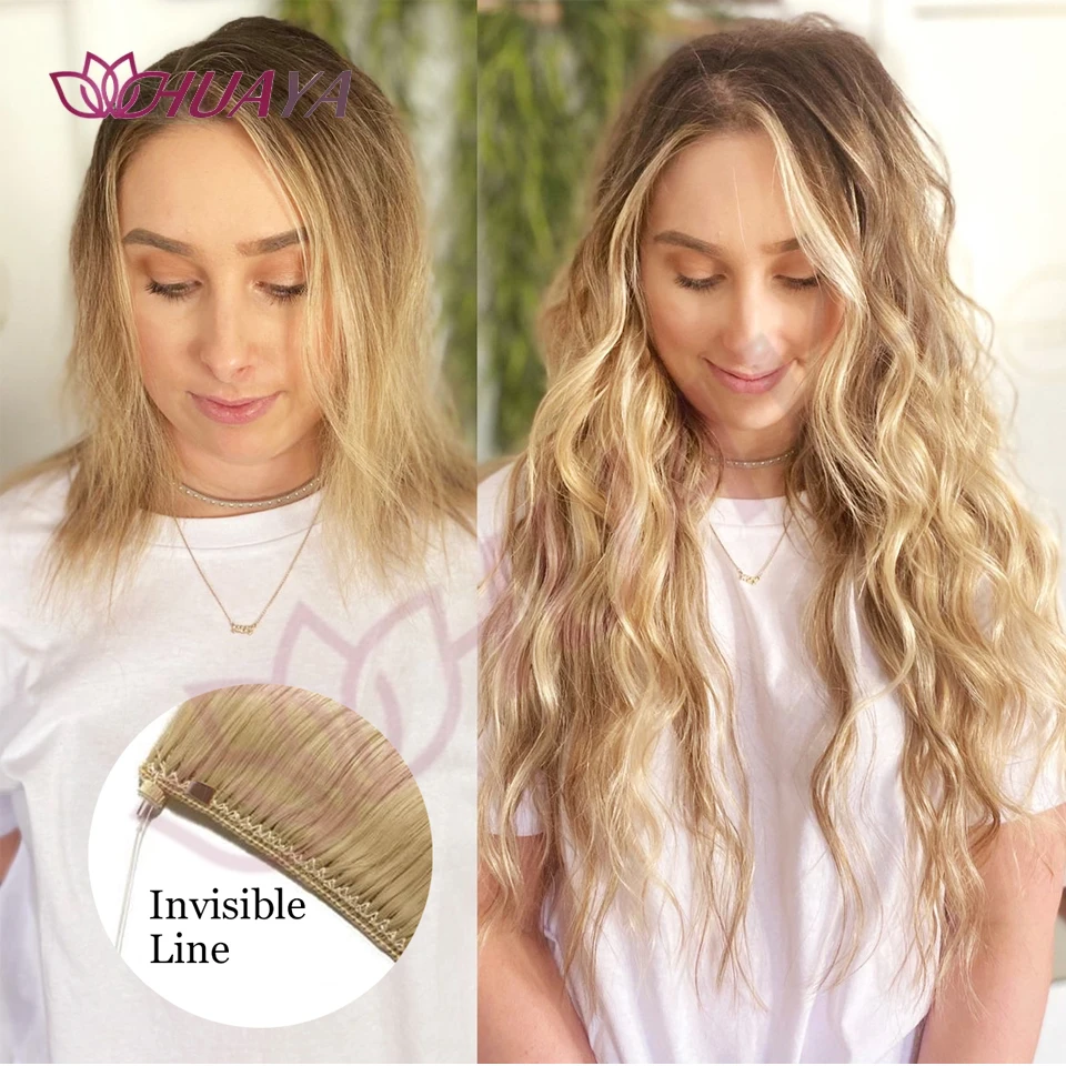 Synthetic No Clip Wavy Hair Extensions Long Natural Black Blonde Brown One Piece False Hairpiece Fish Line Fake Hair Piece
