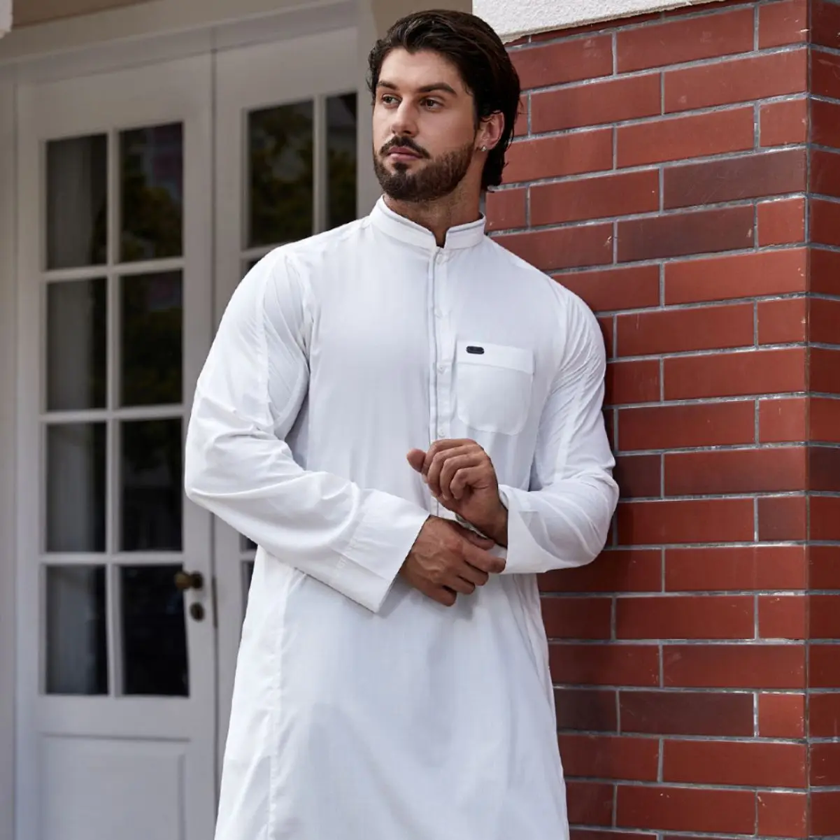 

Men Jubba Thobe Kaftan Solid V Neck Long Sleeve Vintage Robes Arabic Islamic Caftan Men Cotton Casual Abaya